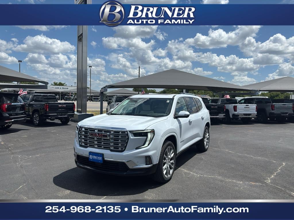 2026 GMC Acadia Denali in Glacier White Tricoat — front three-quarter view