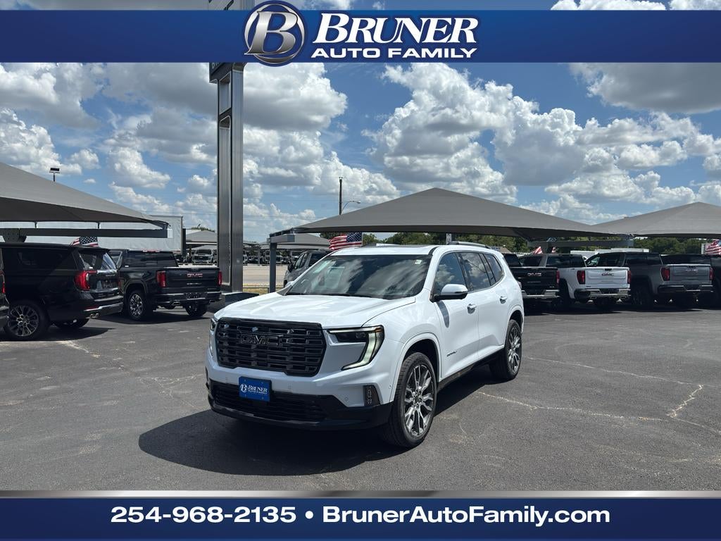 2026 GMC Acadia Denali Ultimate in Glacier White Tricoat — front three-quarter view